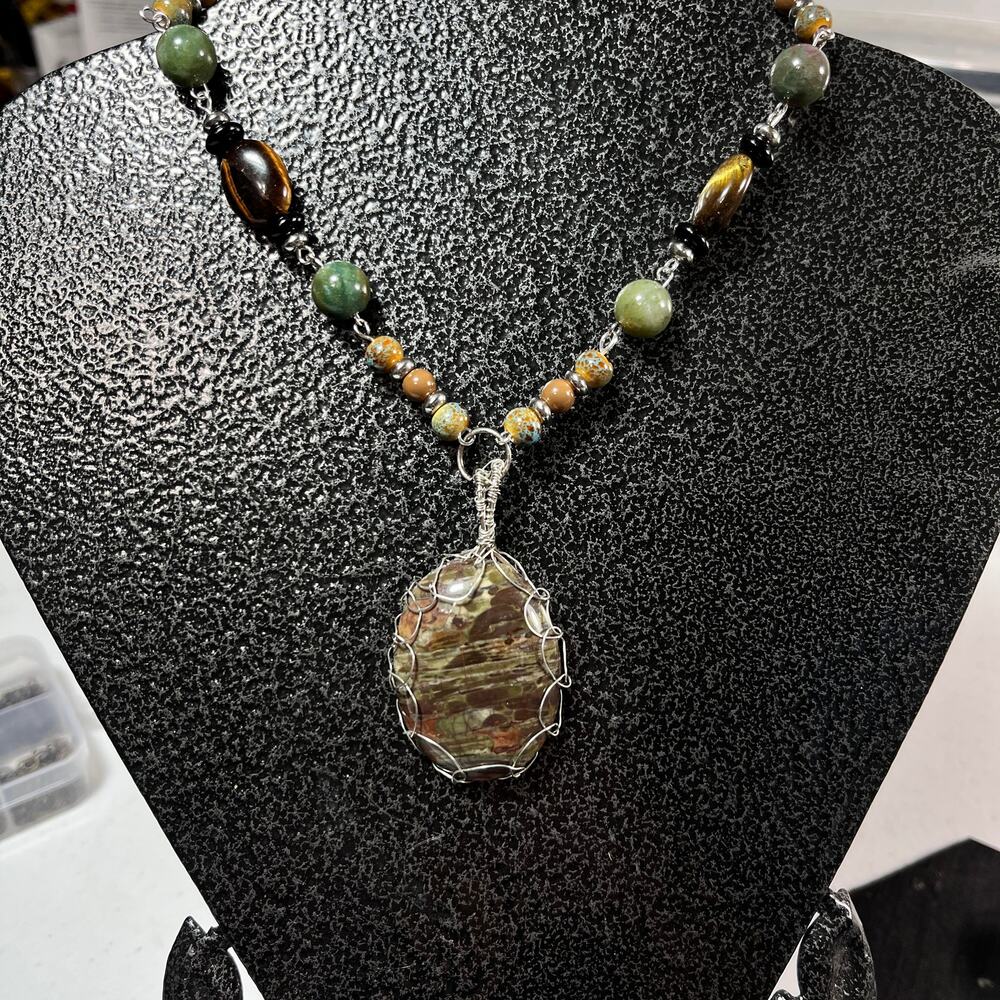 Dragon Blood Tigers eye polychrome jasper necklace pendant silver wire 18-20"